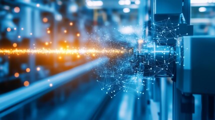 Obraz premium Advanced Industrial Technology Concept Featuring High-Tech Machine Component with Data Stream and Particle Effects in a Modern Manufacturing Environment