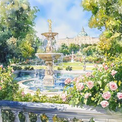 Serene Garden Fountain Surrounded by Vibrant Roses in Spring Light