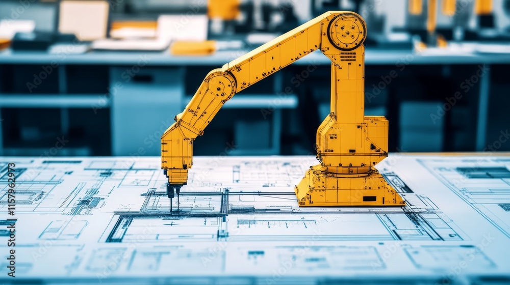 Poster automated robotic arm engaging in precision engineering tasks on technical blueprint in modern indus