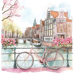 Charming Amsterdam Scene with Bicycle and Tulips by the Canal