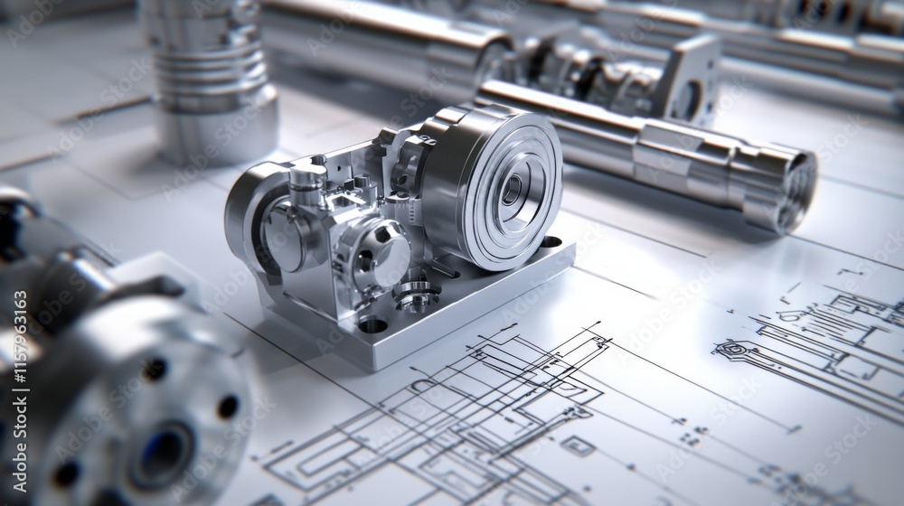 Poster detailed close-up of engine components on technical blueprint background showcasing precision engine
