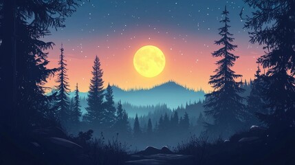 Full Moon Over a Silhouetted Forest Landscape