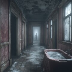 Obraz premium Eerie Haunted Hallway with Red Bathtub and Shadowy Figure: Explore Abandoned Mystery, Spooky Atmosphere, Broken Windows, Water Damage, Interior Decay