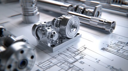Detailed Close-Up of Engine Components on Technical Blueprint Background Showcasing Precision Engineering and Industrial Design Elements for Manufacturing and Mechanical Projects