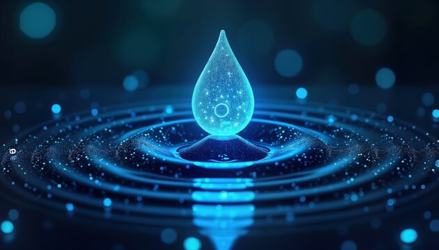 Digital blue water droplet icon with binary code. Represents sustainable water resource management using artificial intelligence, hydrology modeling. Shows environmental monitoring, analysis. Modern