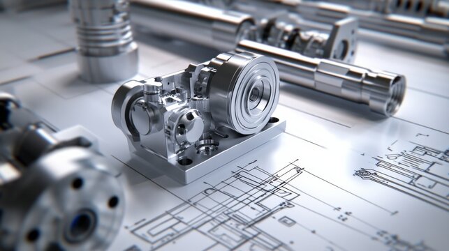 Detailed Close-Up of Engine Components on Technical Blueprint Background Showcasing Precision Engineering and Industrial Design Elements for Manufacturing and Mechanical Projects