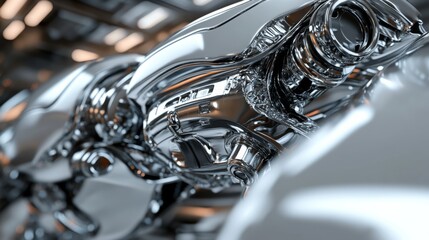 Close-Up of a Futuristic Metallic Robot Arm with Intricate Mechanisms Reflecting Light in a High-Tech Environment