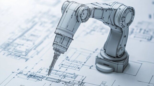 Close-Up of a Robotic Arm on Technical Drawings Illustrating Precision Engineering and Advanced Manufacturing Technologies for Futuristic Applications