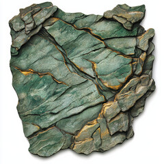 A cut-out image of rugged stone surfaces with jade green and gold undertones, highly intricate and...