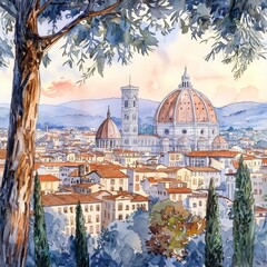 Scenic View of Florence with Cathedral and Tuscan Landscape