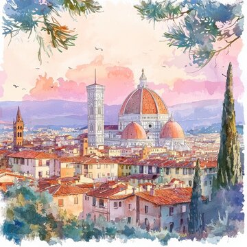 Beautiful Watercolor View of Florence with Historic Architecture