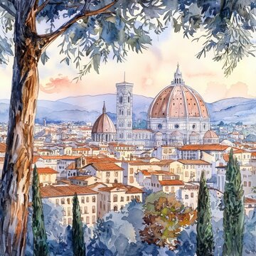 Scenic View of Florence with Cathedral and Tuscan Landscape