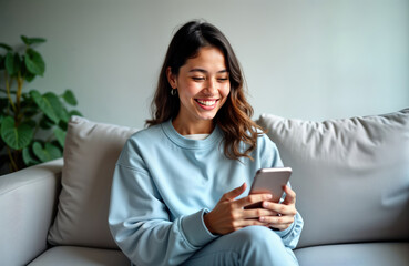 Happy young Hispanic woman uses smartphone at home. Smiling female teen scrolls social media shops online. Relaxed on comfy couch. Casual wear. Modern lifestyle. Digital services. E-commerce. Mobile