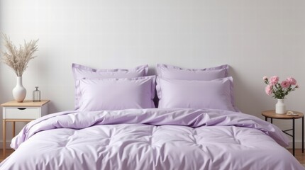 A serene bedroom featuring pastel lavender bedding, a minimalist bedside table, and a small vase with flowers
