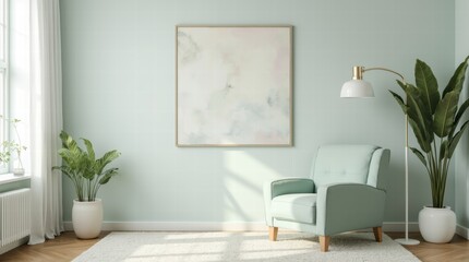 A serene living room featuring a pastel mint green armchair, a simple floor lamp, and a large abstract art piece on the wall