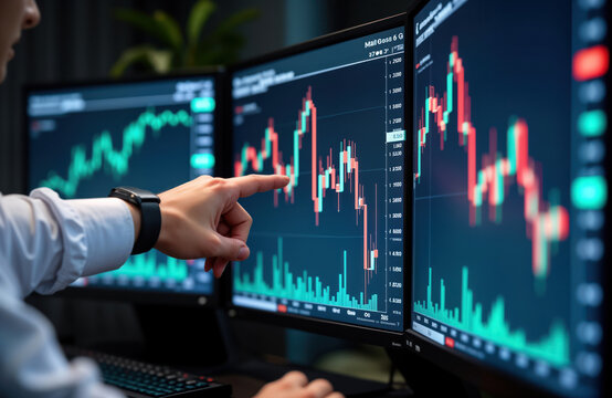 Businessman in office analyzes data, asset prices. Hand points at computer screen with graphs. Pro trader focused on market data on multiple monitors. Examines financial charts. Investment planning