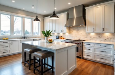 Modern gourmet kitchen boasts white shaker cabinets marble countertops. Stone subway tile backsplash pairs with stainless steel hood. Eight burner gas range. Stylish contemporary design. Interior