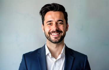 Man in suit with happy expression. Business pro portrait. Formal wear for job interview ID photo. Smiling man looking at camera. Formal business photo. Stylish business suit. Employee ID photo. Pro