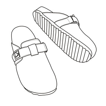 recommend clip art: Women's Mules Cork Footbed Work Shoes with Arch Support Line art, Technical sketch hand drawing outline vector doodle front and bottom view isolated on white background for coloring page