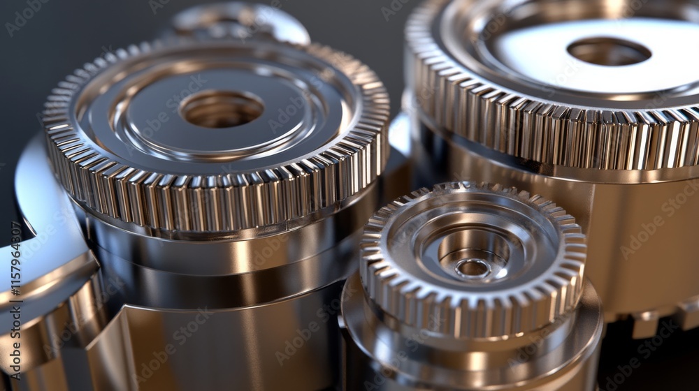 Poster close-up view of interlocking metallic gears with precision engineering in focus, showcasing intrica