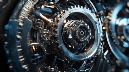 Fototapeta premium Close-Up View of Intricate Metal Gear Mechanism Showcasing Precision Engineering and Gleaming Metallic Surfaces in a Modern Industrial Context