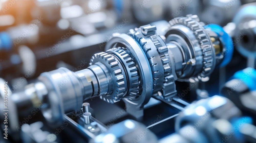 Poster close-up view of precision mechanical gears and components in a high-tech machine, showcasing intric