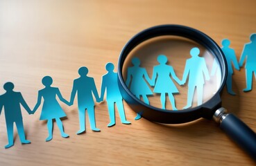 Conceptual image of job search. Paper cutouts of people stand in line. Magnifying glass focused on group of people. Hiring process concept. Human resources department looking for new talent.