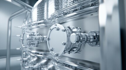 Close-Up View of Stainless Steel Industrial Equipment in a Modern Manufacturing Facility, Showcasing Precision Engineering and Advanced Design Features