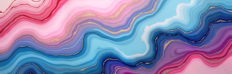 Abstract marble design with flowing liquid patterns. Colorful swirls of pink blue, purple colors. Gold glitter lines add touch of sparkle. Intricate texture resembles beautiful fluid artwork.