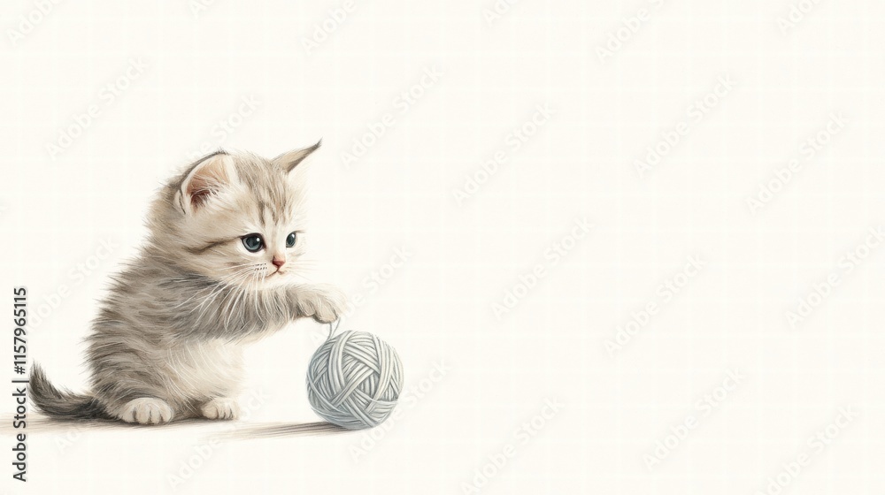 Poster cute kitten plays joyfully with a ball of yarn in a cozy indoor setting with plenty of space for tex