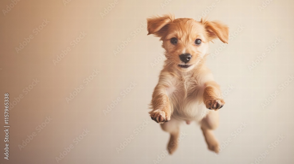 Leinwandbilder joyful puppy leaps in mid air showcasing playful energy and excitement with clear background for tex
