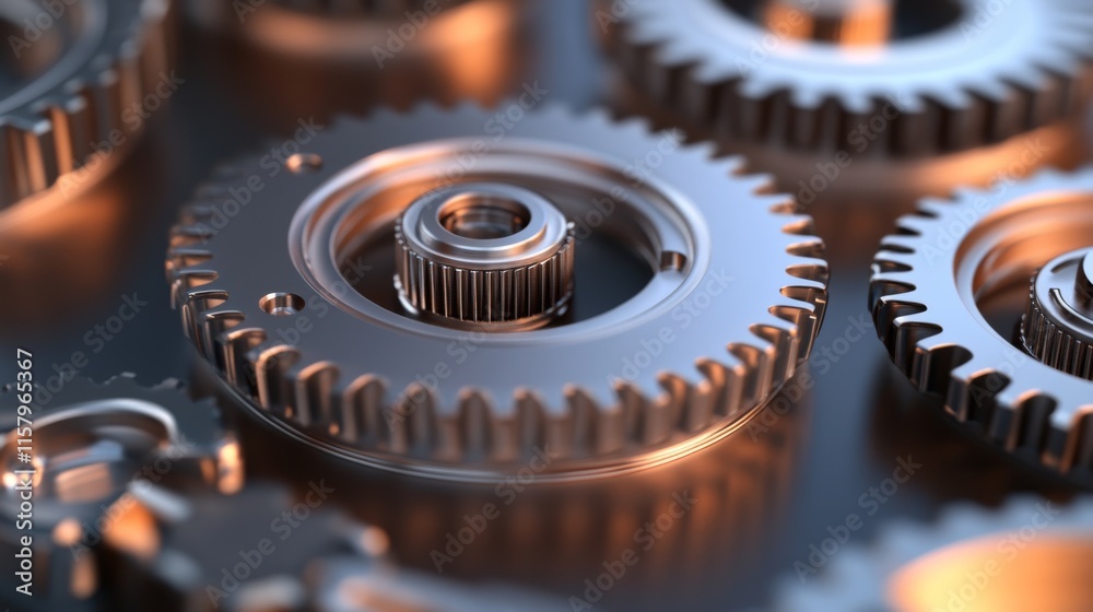 Poster detailed close-up of interlocking industrial gears with a reflective surface enhancing depth and tex