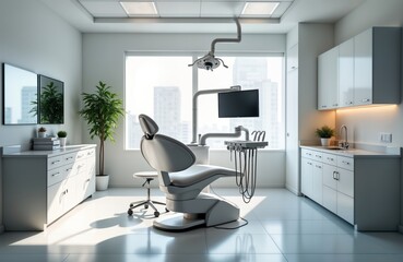 Modern dental office. Clean white interior with natural light from window. Pro dental chair, equipment visible. Empty space for patient, dentist interaction. Inviting atmosphere for patients. Modern