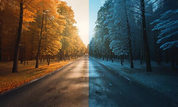 Autumn and winter forest road split image.