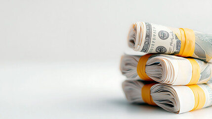 Stacks of cash bundles secured with rubber bands, symbolizing wealth and finance