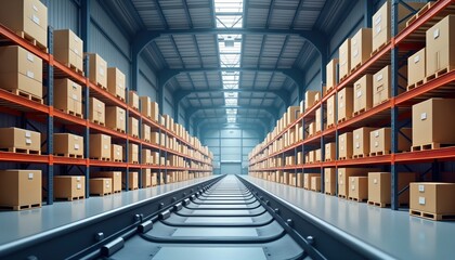 Fototapeta premium Organized warehouse interior displays efficiency in logistics. Pallet racking system neatly holds many cardboard boxes. Modern layout optimizes space for inventory management. Order fulfillment