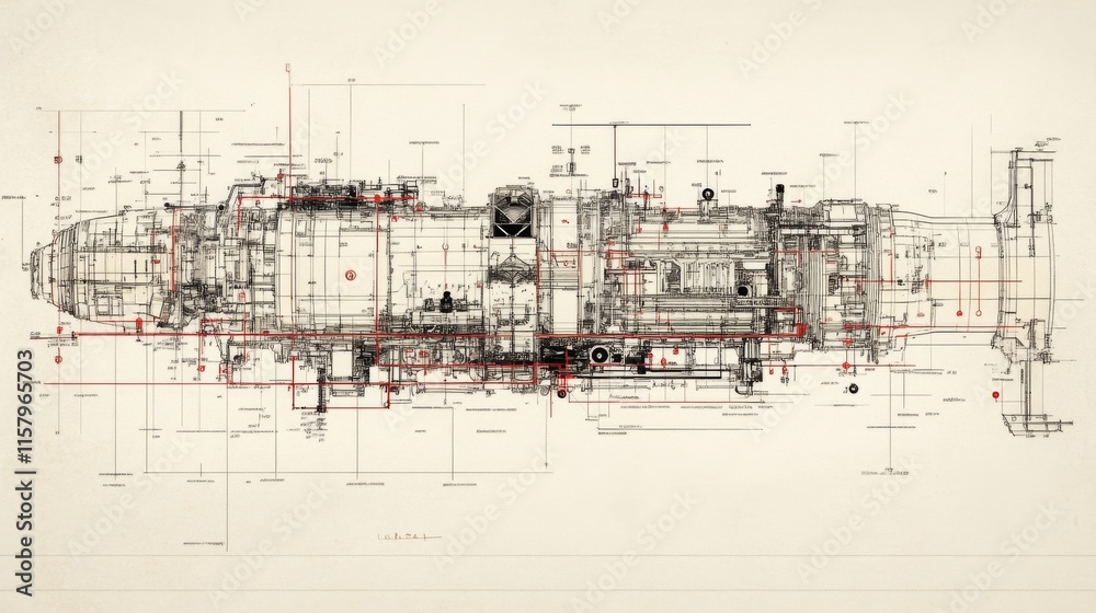 Poster detailed technical blueprint of an industrial engine with precise annotations and diagrams, showcasi