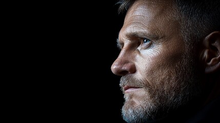Obraz premium Profile of a serious, middle-aged man against a black background.