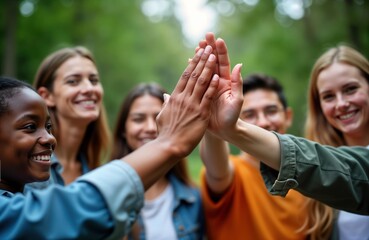 Diverse group of people outdoors giving high fives. Team spirit and unity are visible. Group feels happy and successful. Outdoor volunteer community. Teamwork concept.