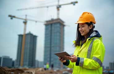 Asian female engineer working on large building site in Thailand. Wears safety helmet, bright yellow jacket. Using tablet computer, likely reviewing construction plans communicating with colleagues.