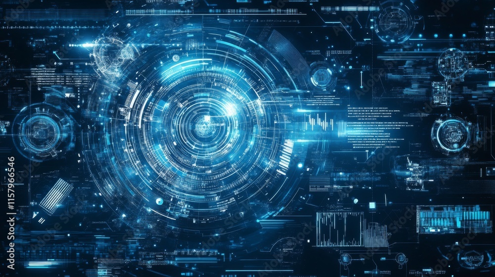 Poster futuristic digital interface with circuits, data patterns, and glowing elements for technology, scie