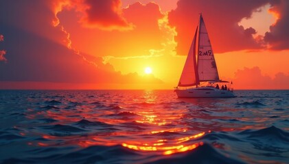 Fototapeta premium Serene ocean sunset, sailboat silhouette, sunburst effect , ocean, serenity