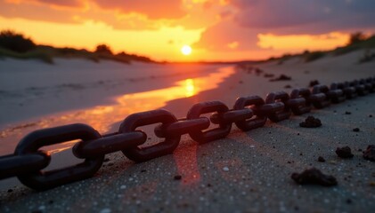 Scattered rusty chain links gleam on damp sand; fiery sunset sky , grunge, sun