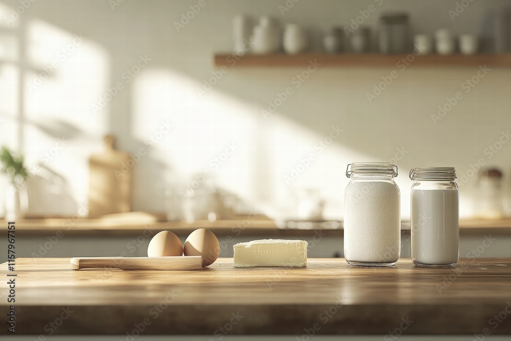 Aufkleber ingredients for baking displayed on a wooden kitchen counter with ample copy space for text and mock