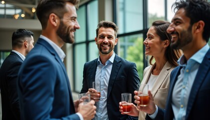 Business professionals network, socialize at corporate gathering. Interact, chat holding drinks. Modern office setting. Looks like networking event business meeting. People happy, engaging. Friendly