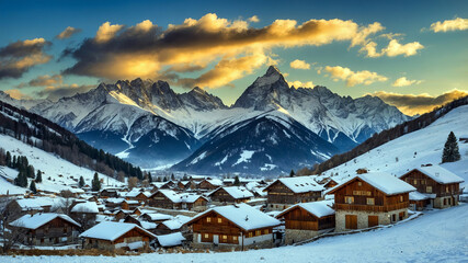 Picturesque winter scene featuring a snow-covered alpine village surrounded by majestic mountains under a glowing sunset sky.