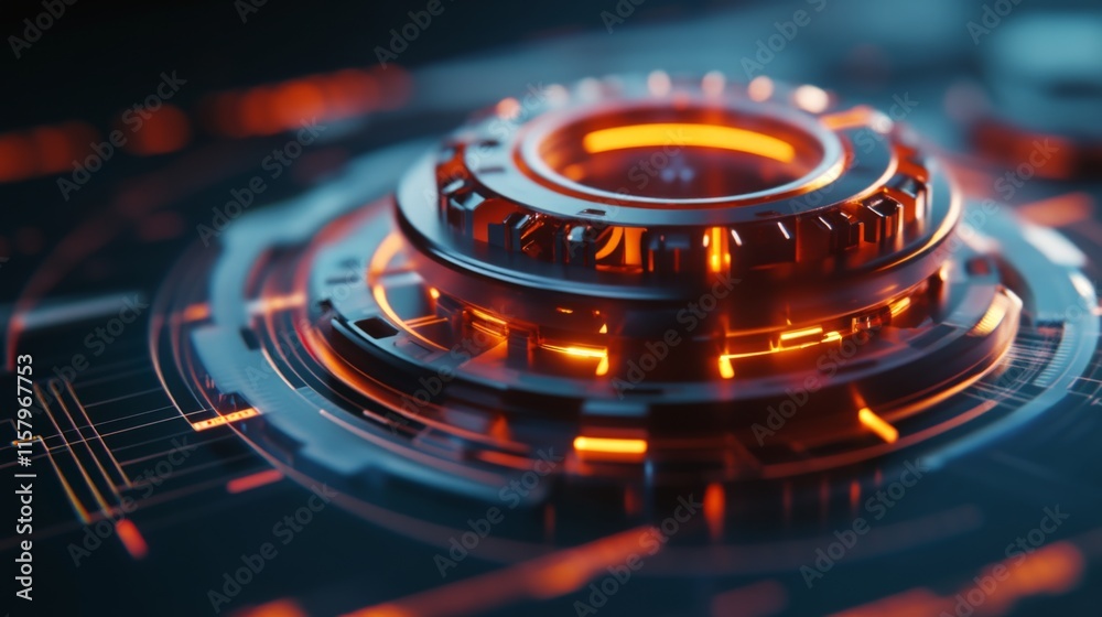 Poster Futuristic Technology Interface Element with Glowing Orange Accents and Circuit Patterns for Digital Design Projects and Modern User Interfaces