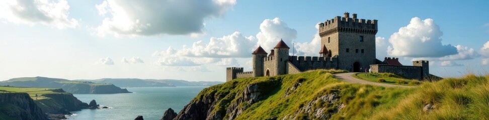 Naklejka premium Rugged Cotentin castle, stone turrets, Norman sky , history, tower