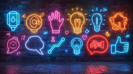 Develop a collection of neon teamwork symbols, including shining handshakes