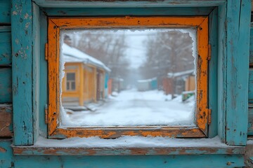 A weathered window frames a snowy winter street scene